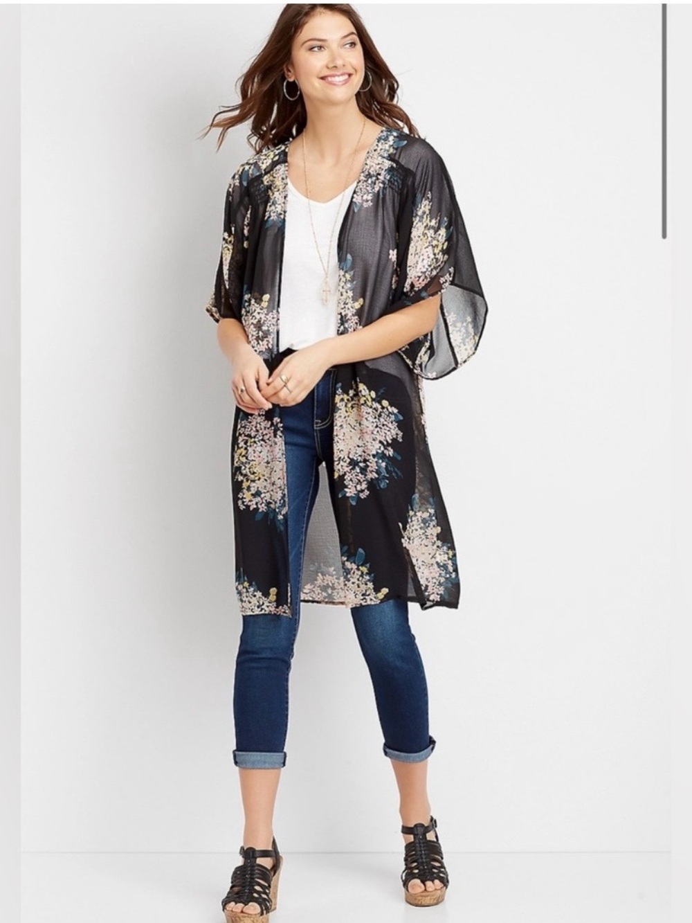 Maurices Black Floral Long Kimono